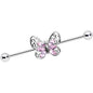 14 Gauge Pink Gem Lacy Butterfly Industrial Barbell 38mm