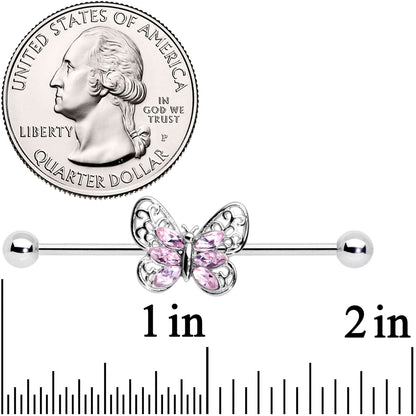 14 Gauge Pink Gem Lacy Butterfly Industrial Barbell 38mm