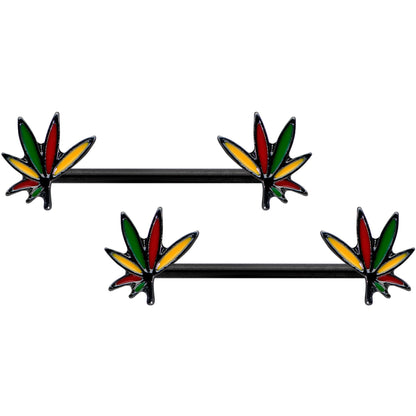 14 Gauge 9/16 Black Multicolor Weed Pot Leaf Barbell Nipple Ring Set