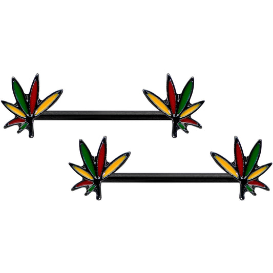 14 Gauge 9/16 Black Multicolor Weed Pot Leaf Barbell Nipple Ring Set