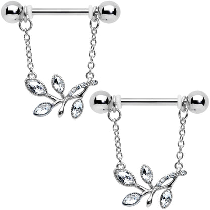 14 Gauge 9/16 Clear Gem Leaves of Love Chain Dangle Nipple Ring Set