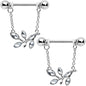 14 Gauge 9/16 Clear Gem Leaves of Love Chain Dangle Nipple Ring Set