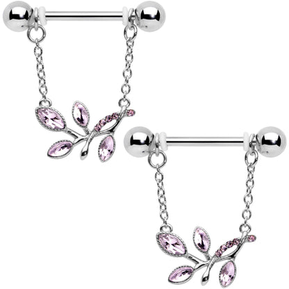 14 Gauge 9/16 Pink Gem Leaves of Love Chain Dangle Nipple Ring Set