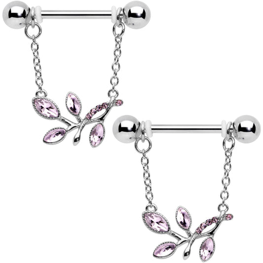 14 Gauge 9/16 Pink Gem Leaves of Love Chain Dangle Nipple Ring Set