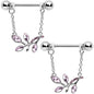 14 Gauge 9/16 Pink Gem Leaves of Love Chain Dangle Nipple Ring Set