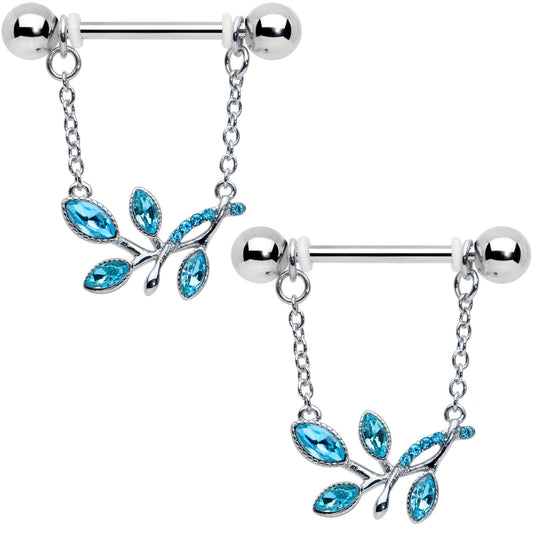 14 Gauge 9/16 Blue Gem Leaves of Love Chain Dangle Nipple Ring Set