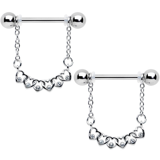 14 Gauge 9/16 Clear Gem Link Heart Valentine Dangle Nipple Ring Set