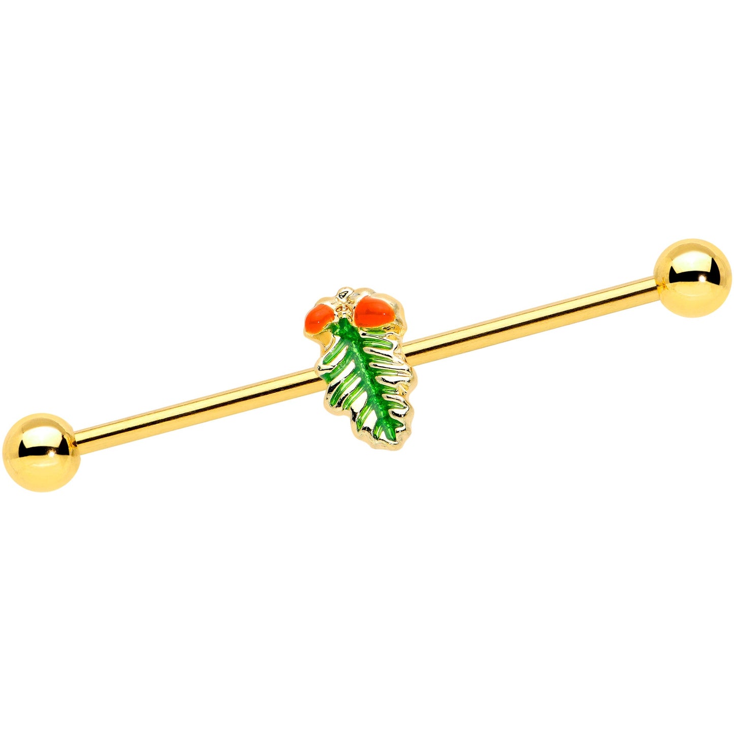 14 Gauge Gold Tone Acorns Pine Cone Autumn Industrial Barbell 38mm