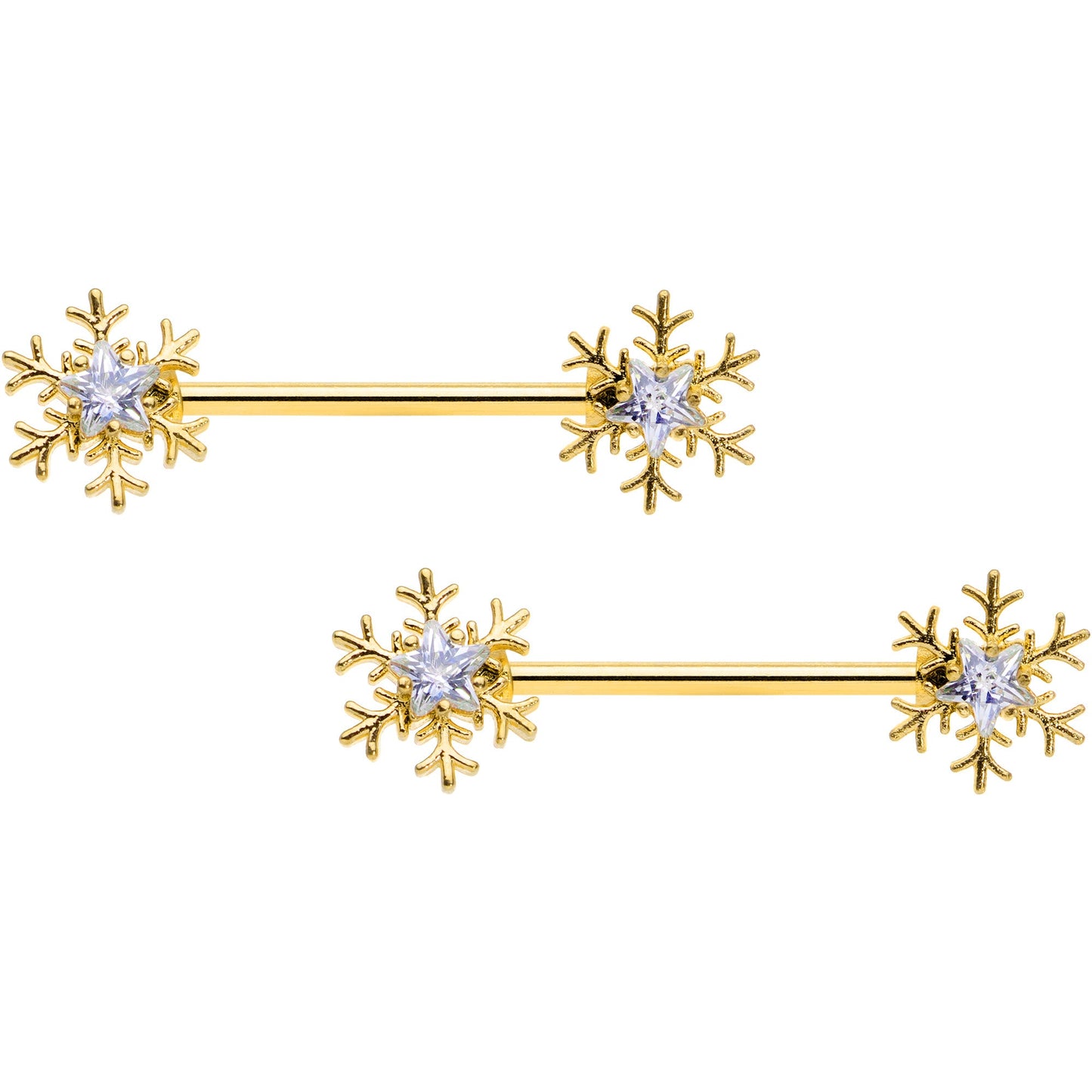 14 Gauge 9/16 Clear Gem Gold Tone Snowflake Christmas Nipple Ring Set