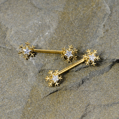 14 Gauge 9/16 Clear Gem Gold Tone Snowflake Christmas Nipple Ring Set