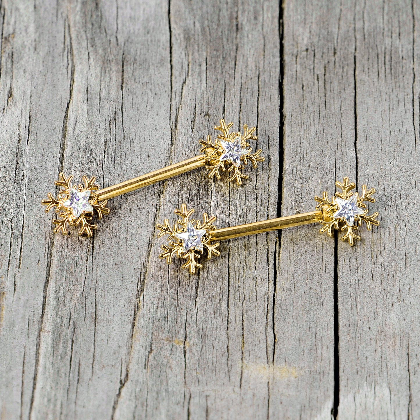 14 Gauge 9/16 Clear Gem Gold Tone Snowflake Christmas Nipple Ring Set