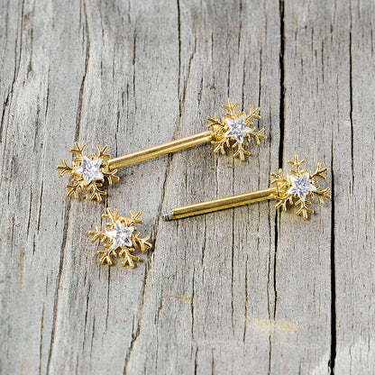 14 Gauge 9/16 Clear Gem Gold Tone Snowflake Christmas Nipple Ring Set