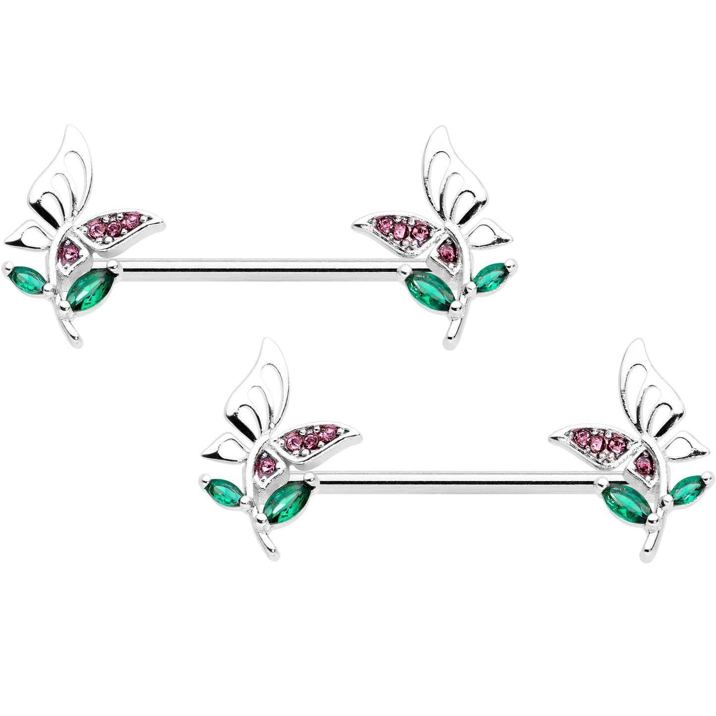 14 Gauge 9/16 Pink Green Gem Floral Butterfly Nipple Ring Set