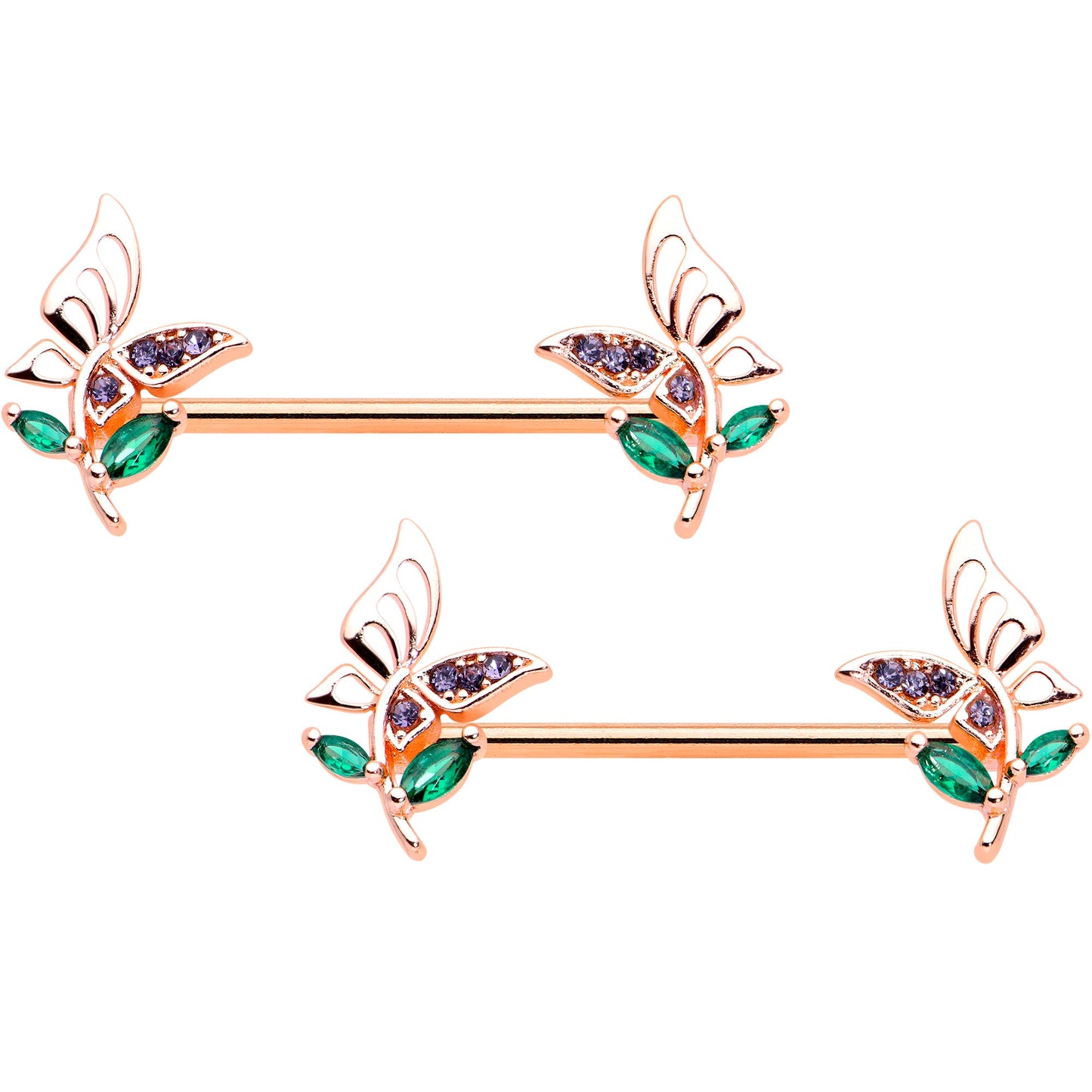 14 Gauge 9/16 Rose Gold Hue Purple Gem Flora Butterfly Nipple Ring Set