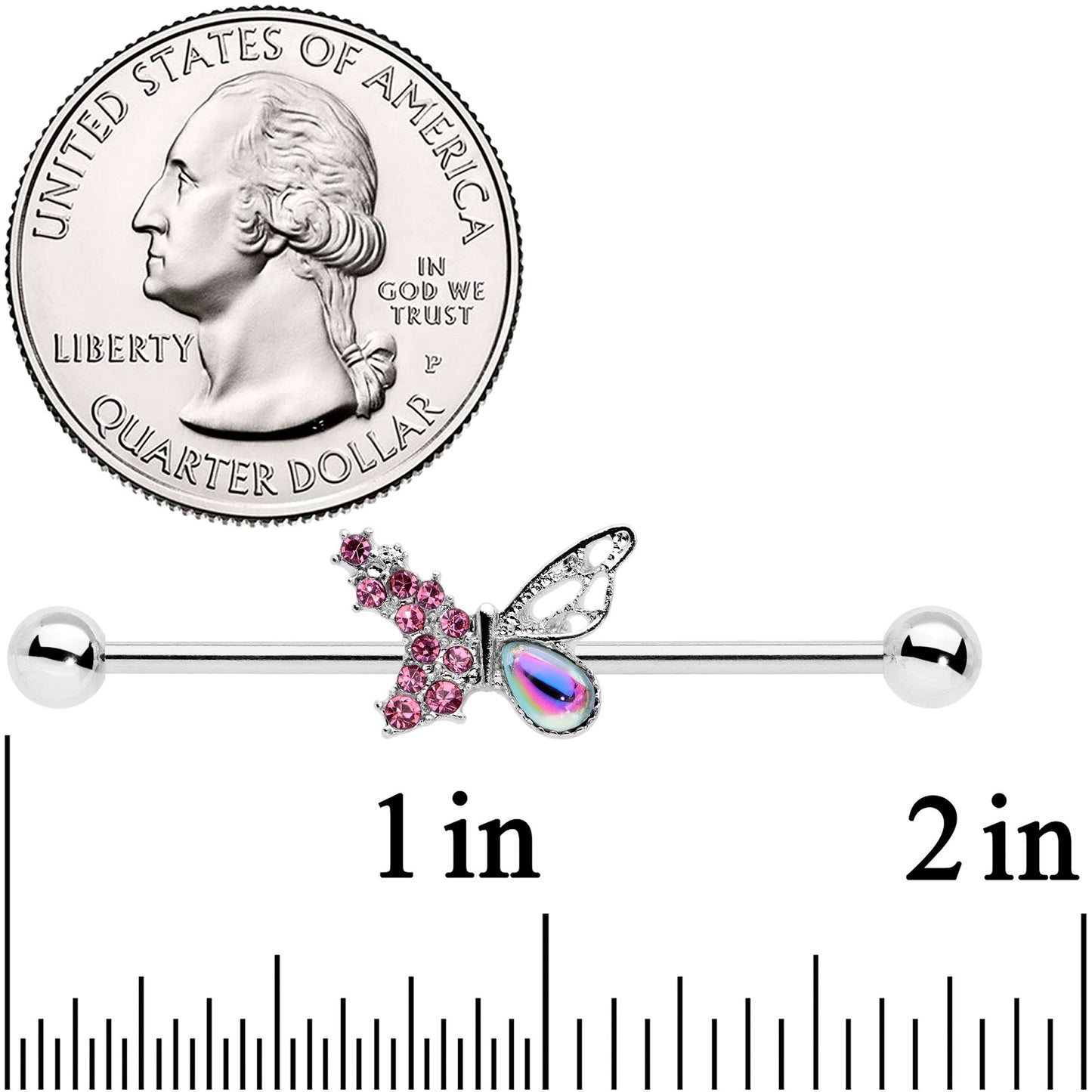 14 Gauge Pink Aurora Gem Super Glam Butterfly Industrial Barbell 38mm