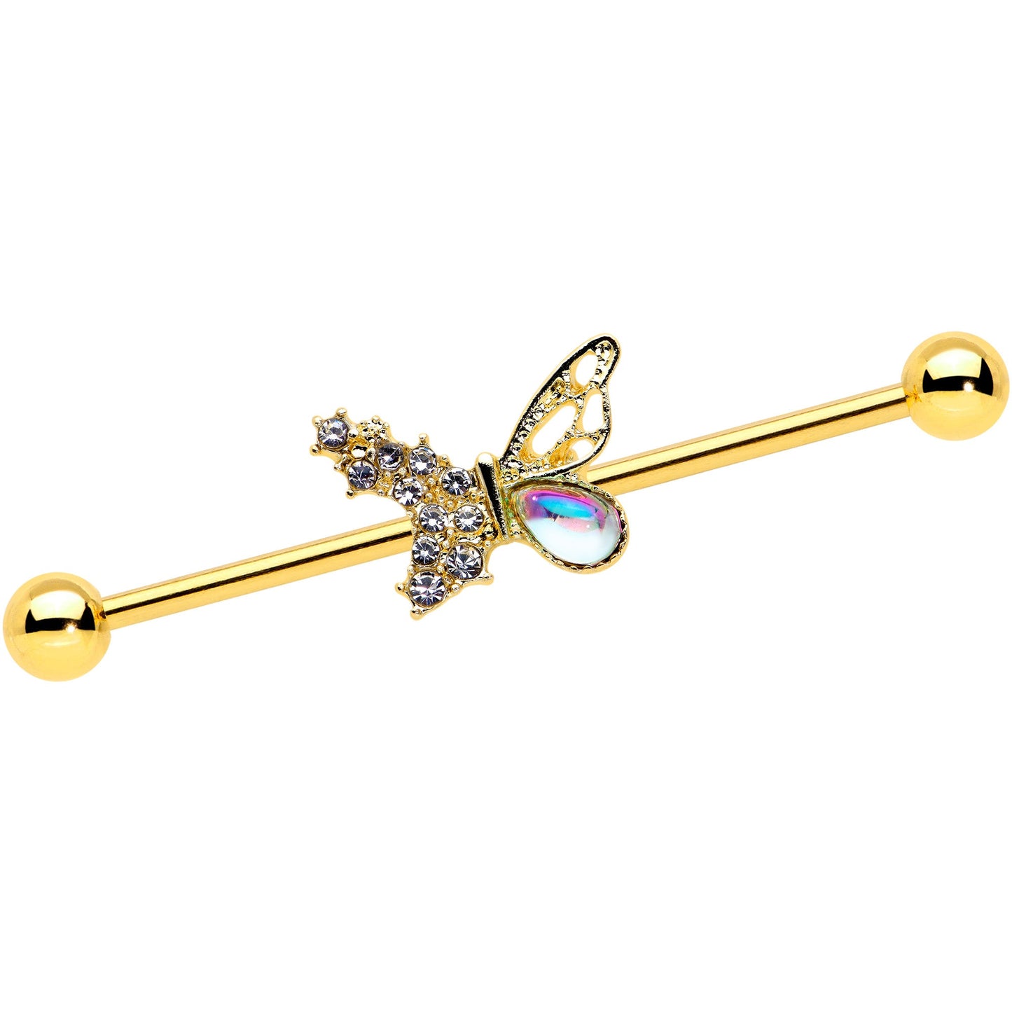 14 Gauge Clear Gem Gold Tone Glam Butterfly Industrial Barbell 38mm