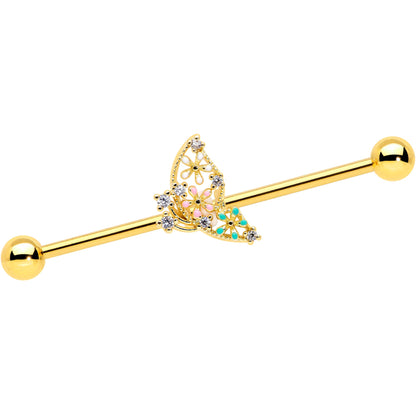 14 Gauge Clear CZ Gem Gold Tone Abstract Industrial Barbell 38mm