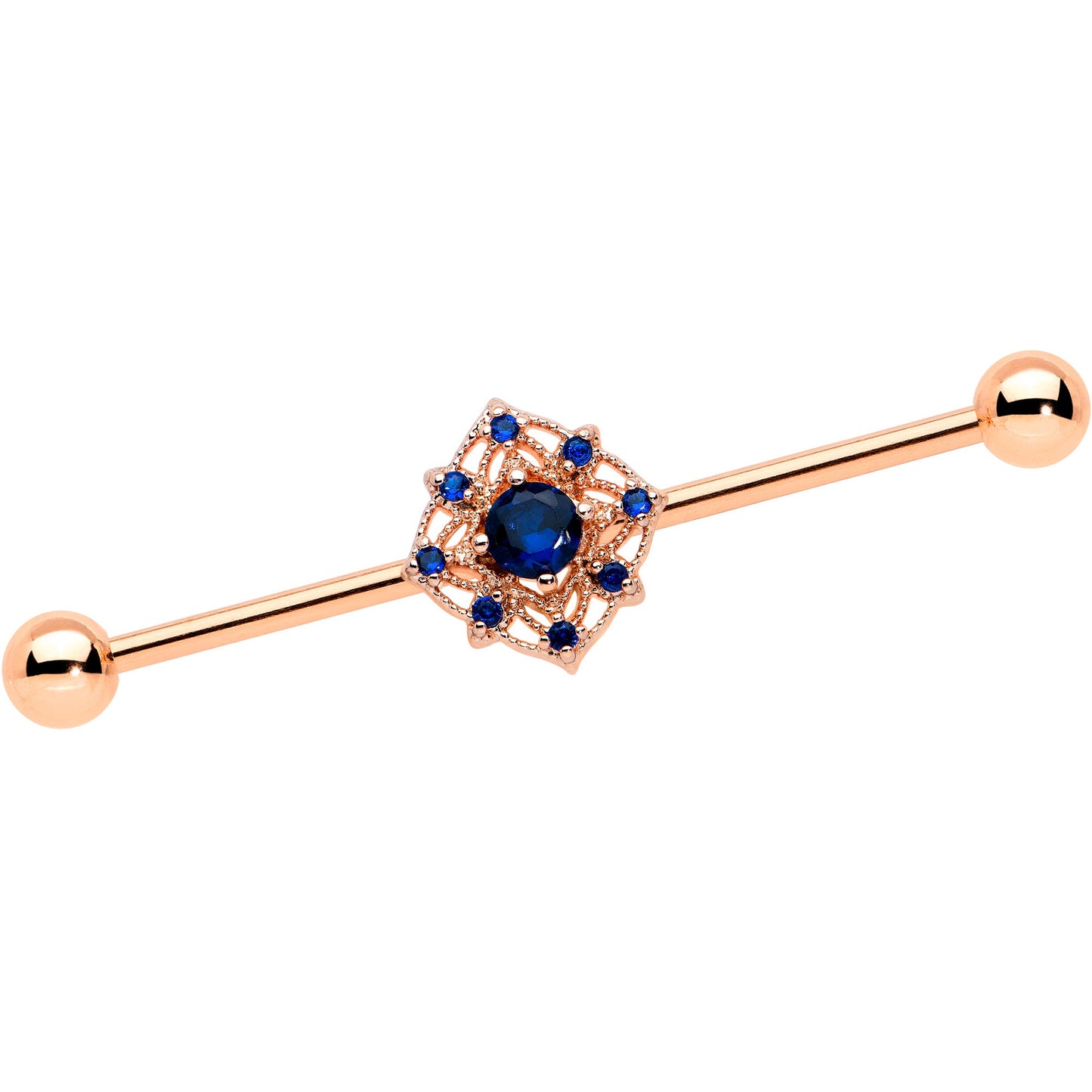 14 Gauge Blue Gem Rose Gold Tone Wicked Web Industrial Barbell 38mm