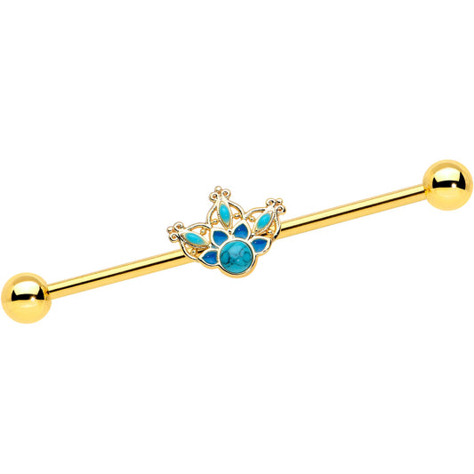 14 Gauge Turquoise Gold Tone Opulent Bloom Industrial Barbell 38mm