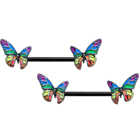 14 Gauge 9/16 Black Rainbow Pride Butterfly Barbell Nipple Ring Set