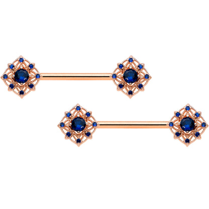 14 Gauge 9/16 Blue Gem Rose Gold Tone Wicked Web Nipple Ring Set