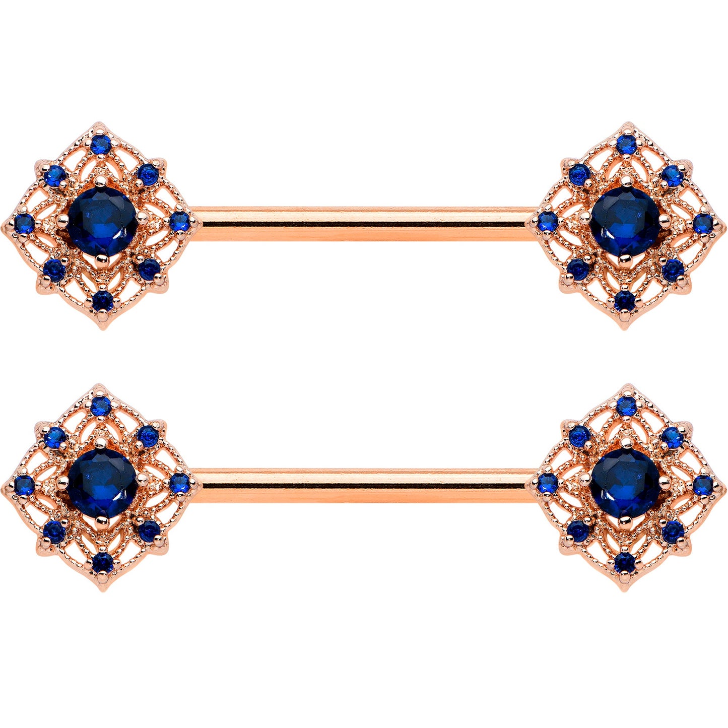 14 Gauge 9/16 Blue Gem Rose Gold Tone Wicked Web Nipple Ring Set