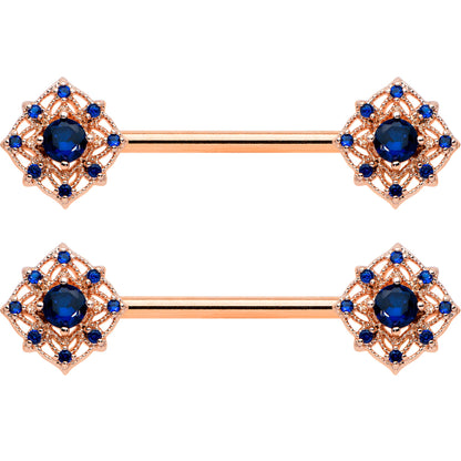 14 Gauge 9/16 Blue Gem Rose Gold Tone Wicked Web Nipple Ring Set