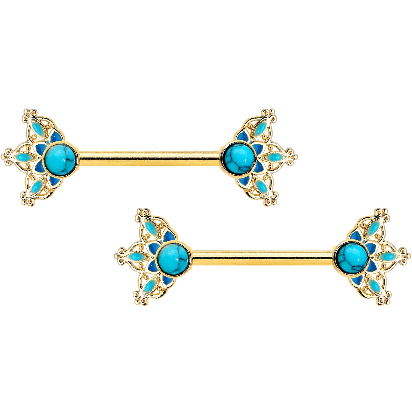 14 Gauge 9/16 Blue Turquoise Gold Tone Opulent Bloom Nipple Ring Set