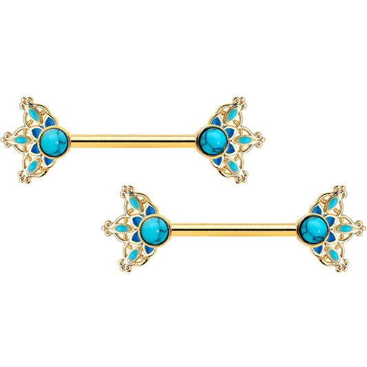 14 Gauge 9/16 Blue Turquoise Gold Tone Opulent Bloom Nipple Ring Set