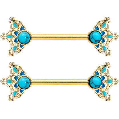 14 Gauge 9/16 Blue Turquoise Gold Tone Opulent Bloom Nipple Ring Set