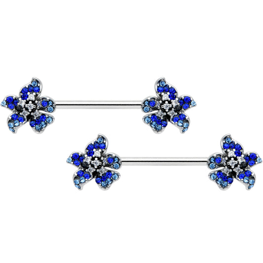 14 Gauge 9/16 Clear Blue Gem Evening Flower Barbell Nipple Ring Set