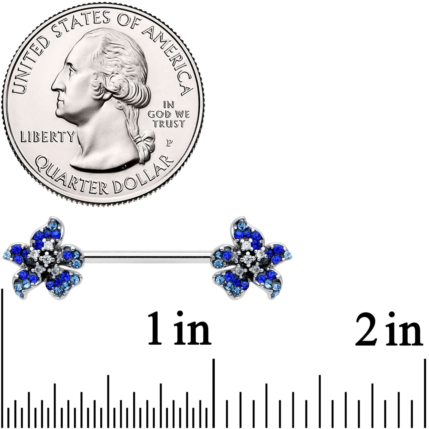 14 Gauge 9/16 Clear Blue Gem Evening Flower Barbell Nipple Ring Set