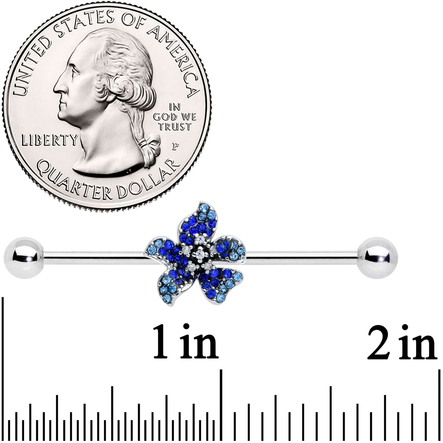 14 Gauge Clear Blue Gem Evening Flower Industrial Barbell 38mm