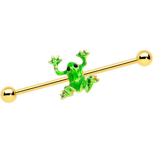 14 Gauge Gold Tone Green Tree Frog Industrial Barbell 38mm