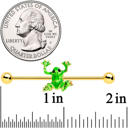 14 Gauge Gold Tone Green Tree Frog Industrial Barbell 38mm