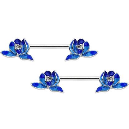 14 Gauge 9/16 Lovely Blue Lotus Flowers Barbell Nipple Ring Set