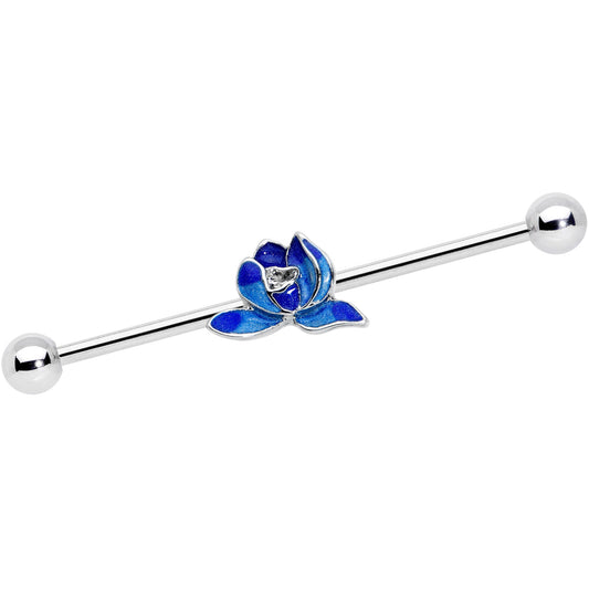 14 Gauge Lovely Blue Lotus Flower Industrial Barbell 38mm