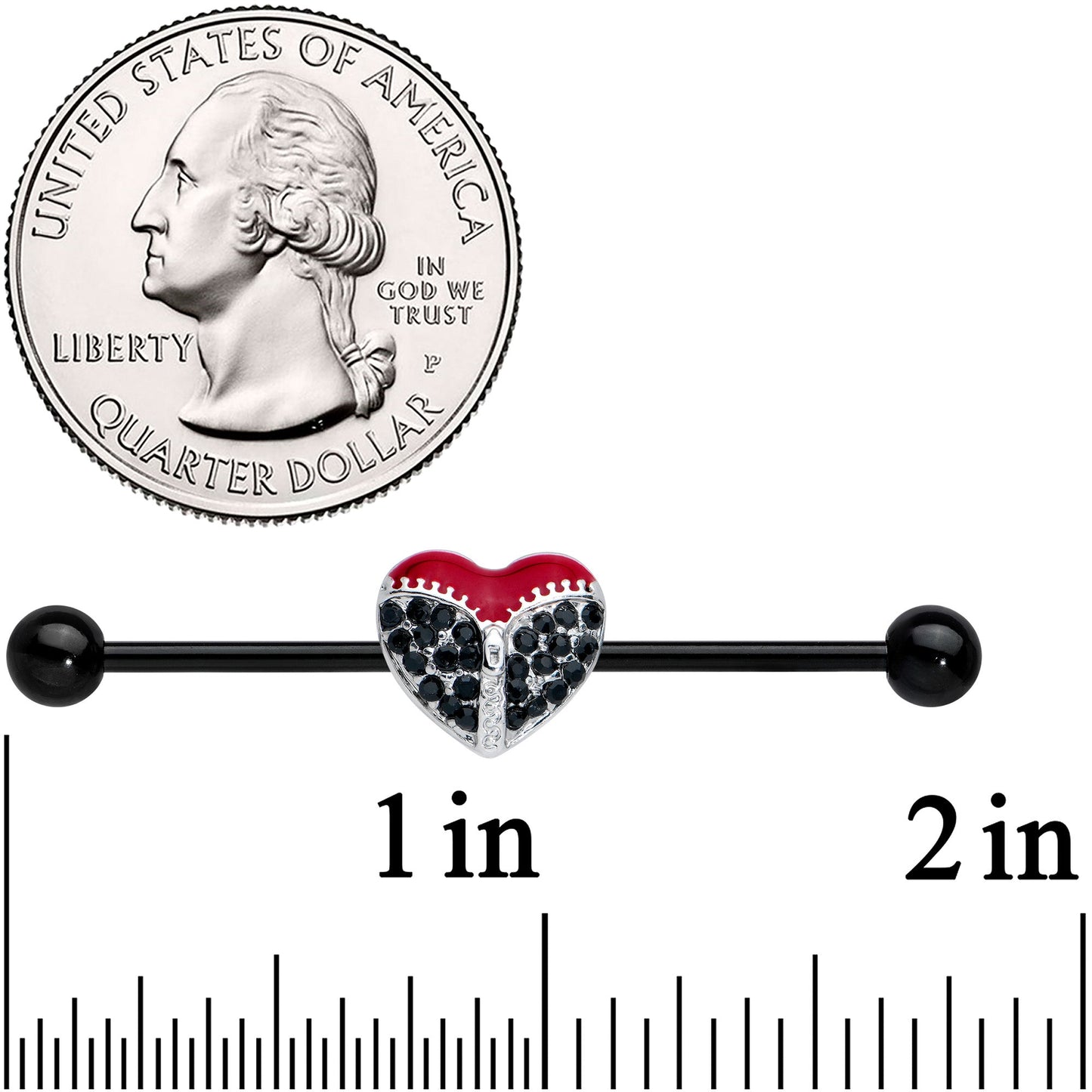 14 Gauge Black CZ Gem Black Unzipped Heart Industrial Barbell 38mm