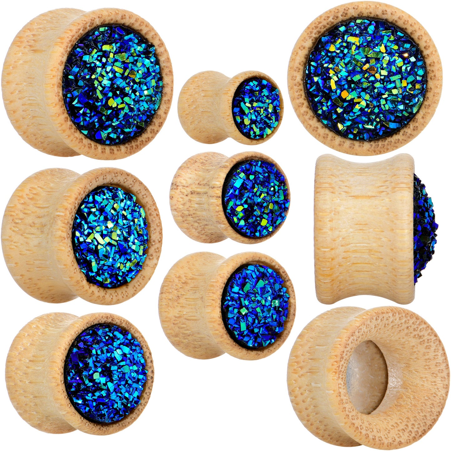 Blue Druzy Stone Wood Saddle Plug Set