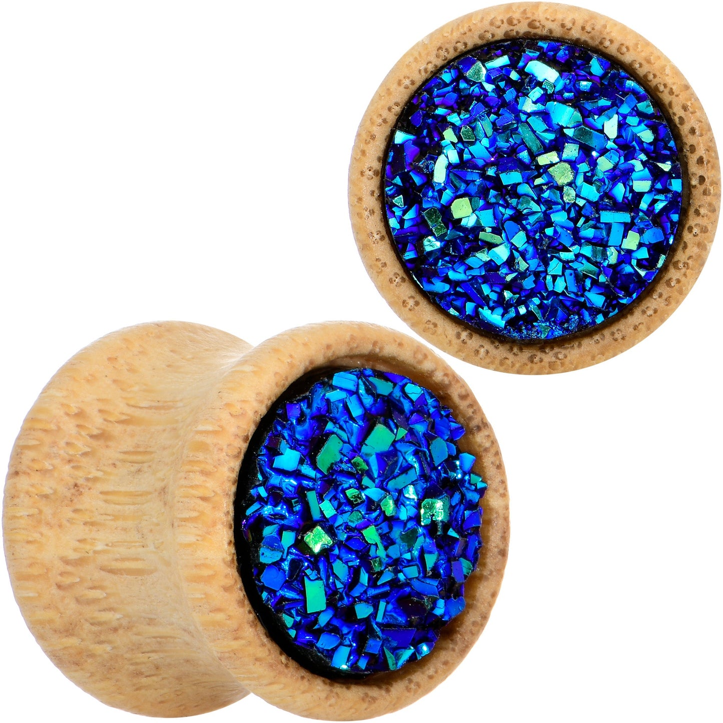 7/16 Blue Druzy Stone Wood Saddle Plug Set