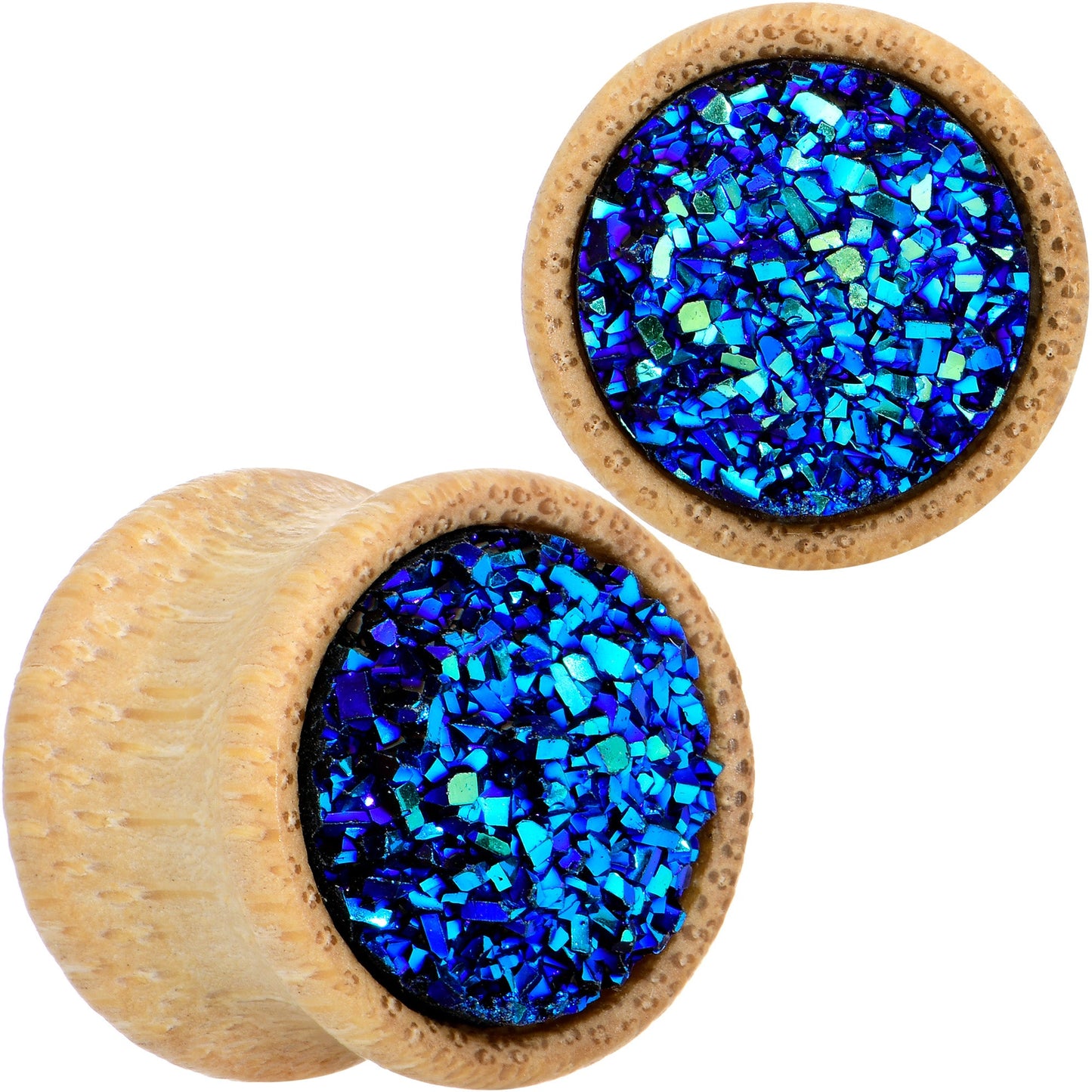 Blue Druzy Stone Wood Saddle Plug Set