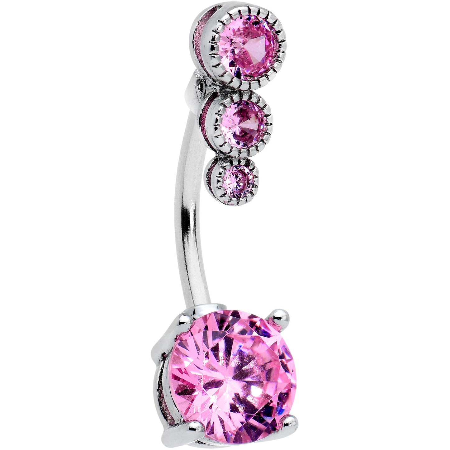 Pink CZ Gem Triple Drop Round Belly Ring