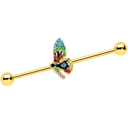 14 Gauge Blue Gem Gold Tone Glitz Dragonfly Industrial Barbell 38mm