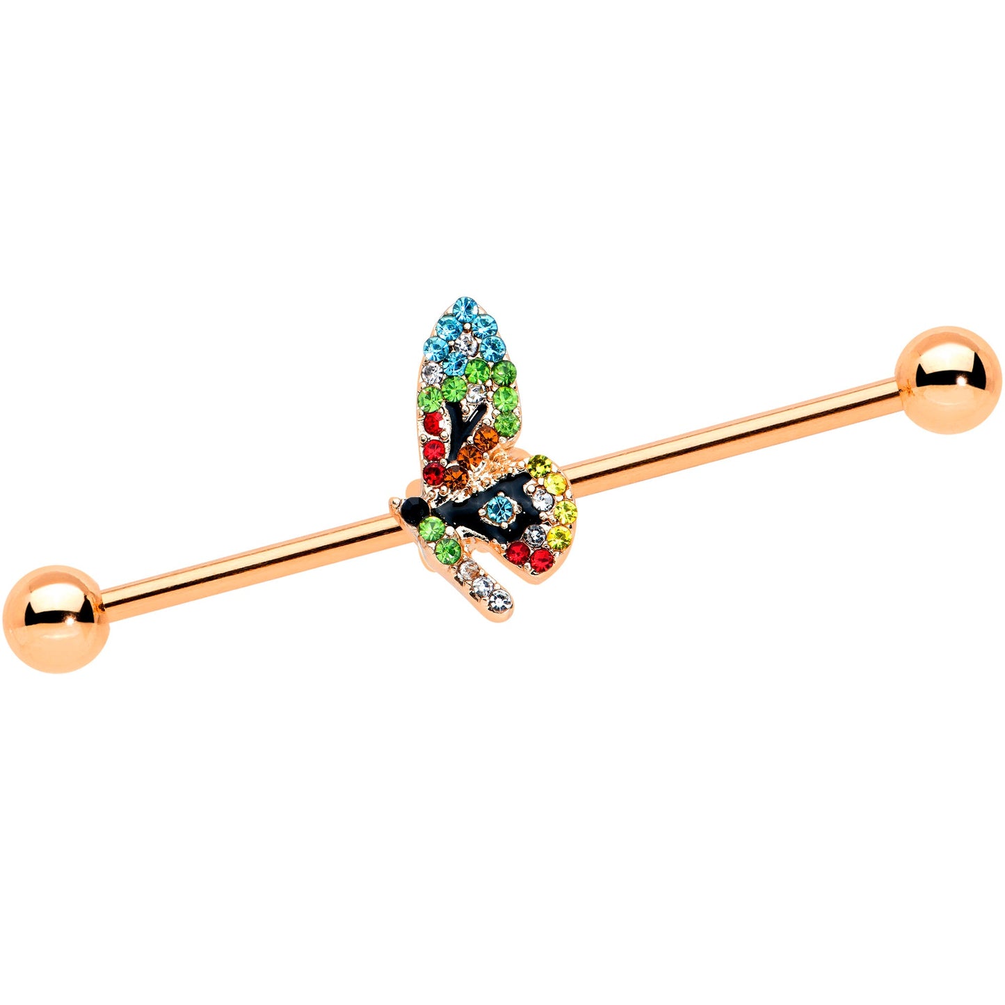 14 Gauge Blue Gem Rose Gold Tone Dragonfly Industrial Barbell 38mm