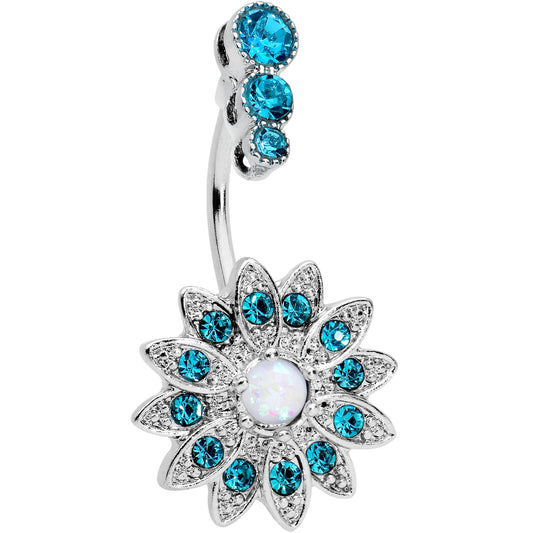 White Faux Opal Clear Blue Gem Triple Drop Floral Belly Ring