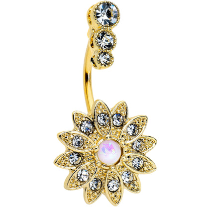 White Faux Opal Clear Gem Gold Tone Triple Drop Floral Belly Ring