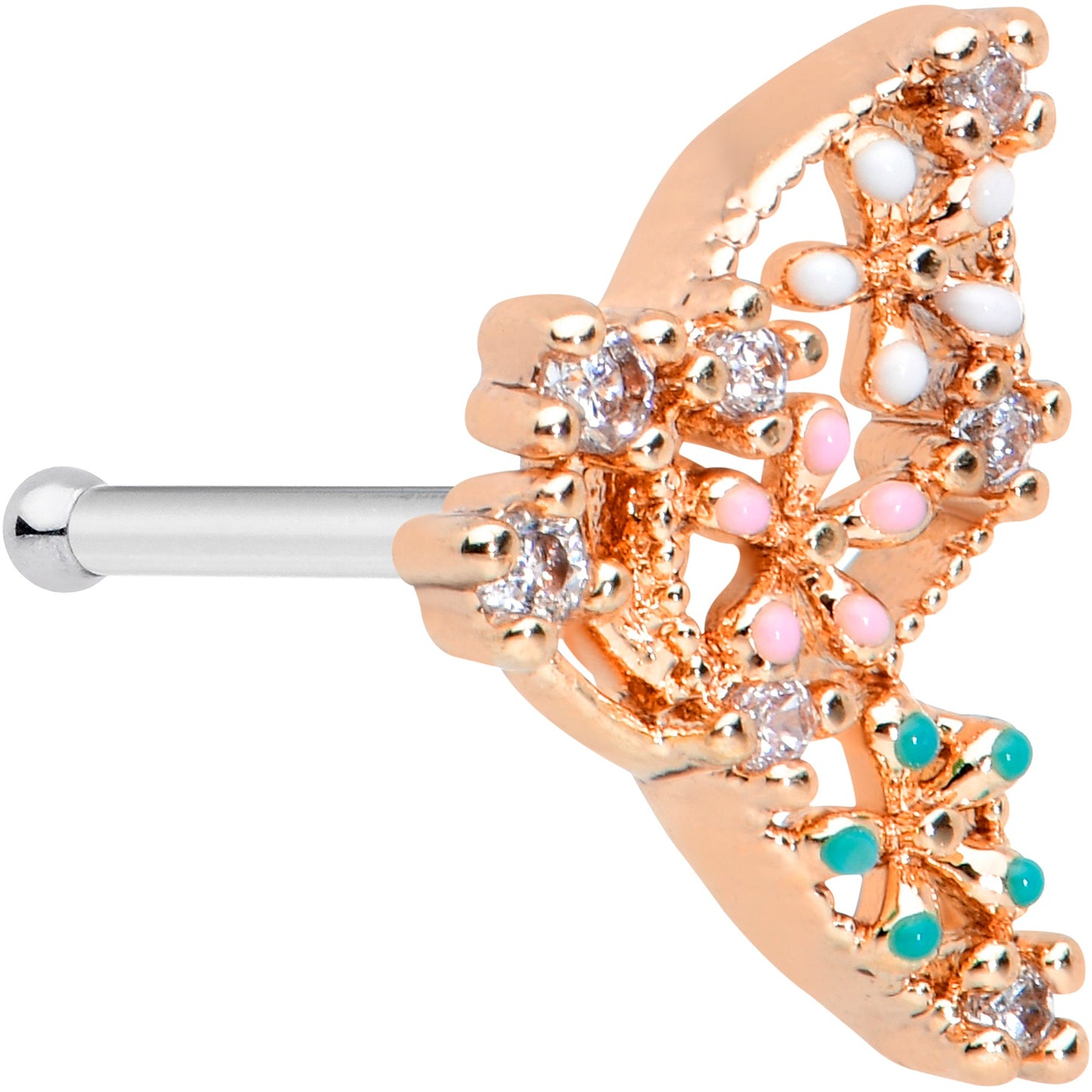 20 Gauge 1/4 Clear CZ Gem Rose Gold Tone Abstract Butterfly Nose Bone