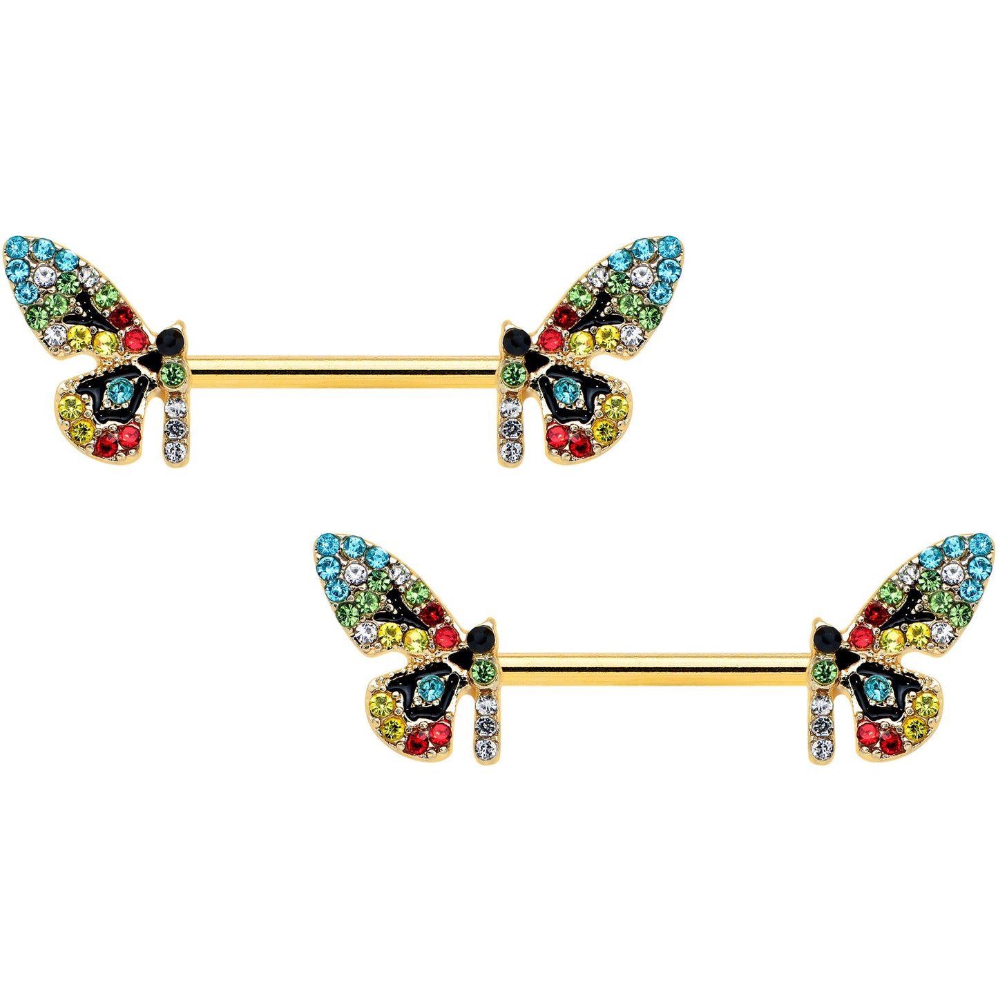 14 Gauge 9/16 Red Blue Gem Gold Tone Multi Butterfly Nipple Ring Set