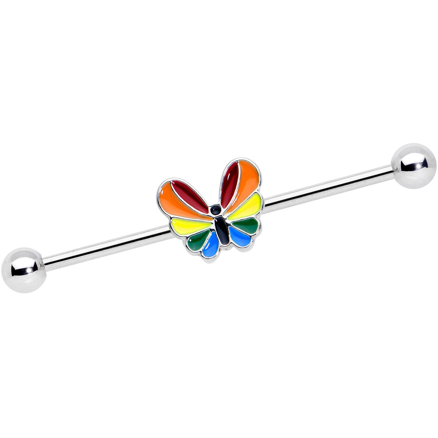 14 Gauge Pride Rainbow Stripes Butterfly Industrial Barbell 38mm