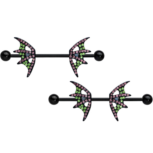 14 Gauge 13/16 Pink Green Gem Black Bat Wing Barbell Nipple Ring Set